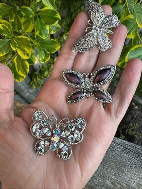 Silver Tone Butterfly Brooch Bundle - Crystal & Amethyst Accents Fashion Jewelry